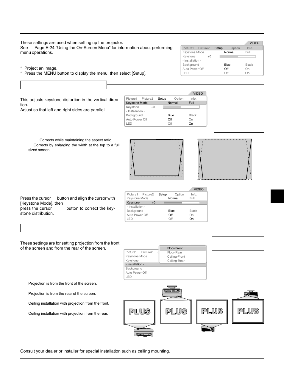 Setup, Keystone mode / keystone, Installation | E – 33, Adjustment of keystone distortion, Screen projection system settings | PLUS Vision HE-3100 User Manual | Page 33 / 44