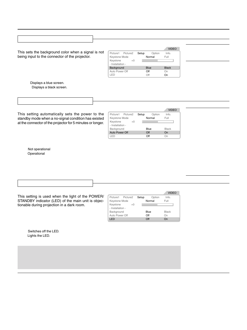 Background, Auto power off, E – 34 | Background color settings, Auto standby settings, Led display settings | PLUS Vision HE-3100 User Manual | Page 34 / 44