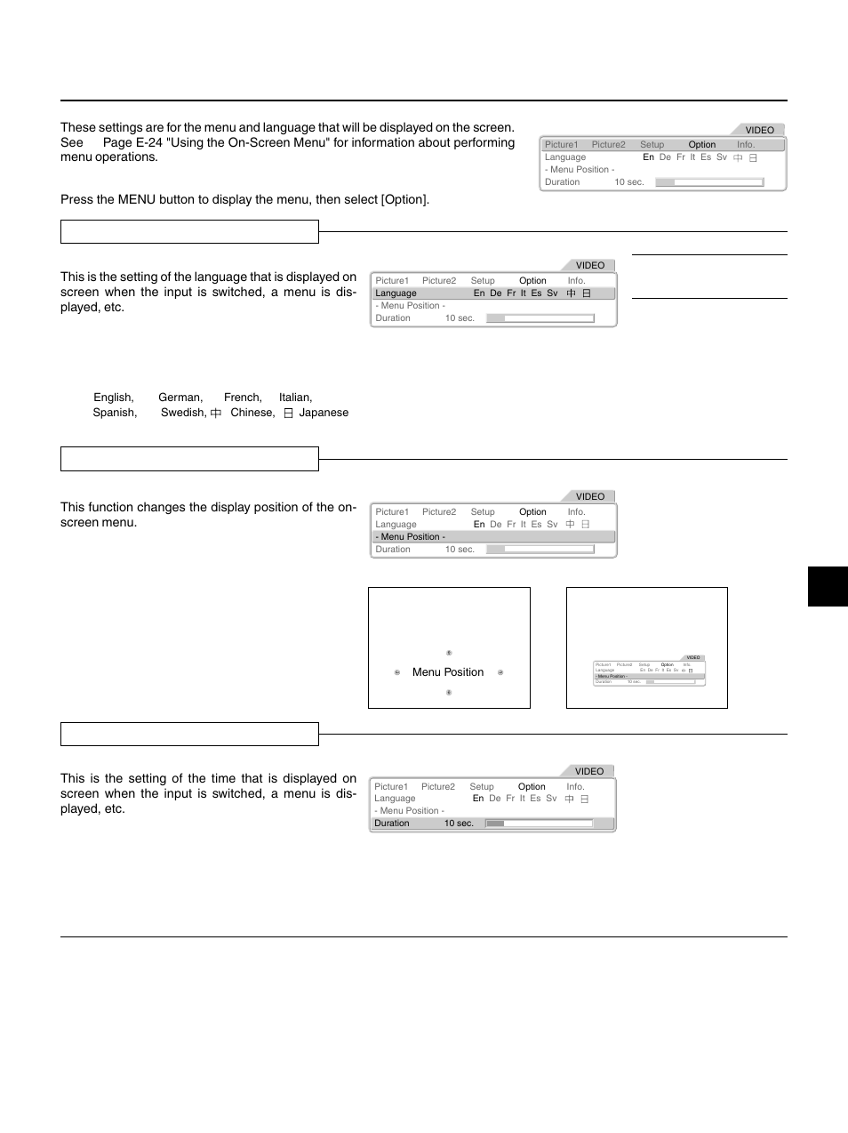 On-screen display settings [option, Language, Menu position | Duration, E – 35, On-screen display language settings, Moving the menu display position, On-screen display duration setting | PLUS Vision HE-3100 User Manual | Page 35 / 44