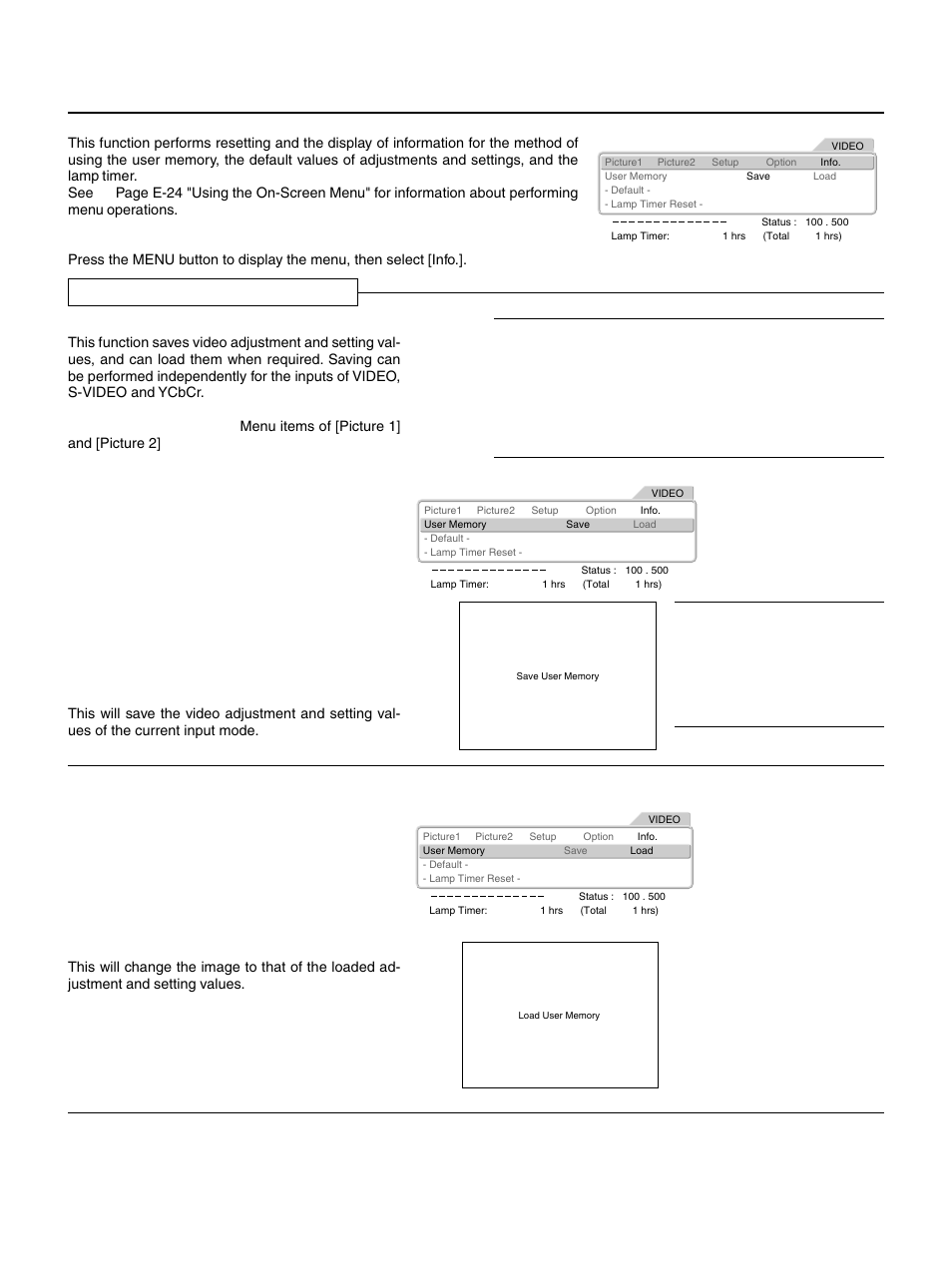 Resetting, storing, and information [info, E – 36, Saving and loading of video adjustments | Saving, Loading | PLUS Vision HE-3100 User Manual | Page 36 / 44