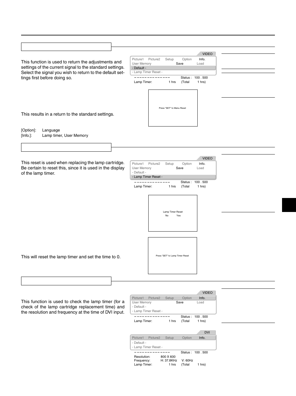 Default, Lamp timer reset, Info | E – 37, Returning to standard settings, Resetting the lamp timer, Viewing the lamp timer/resolution and frequency | PLUS Vision HE-3100 User Manual | Page 37 / 44