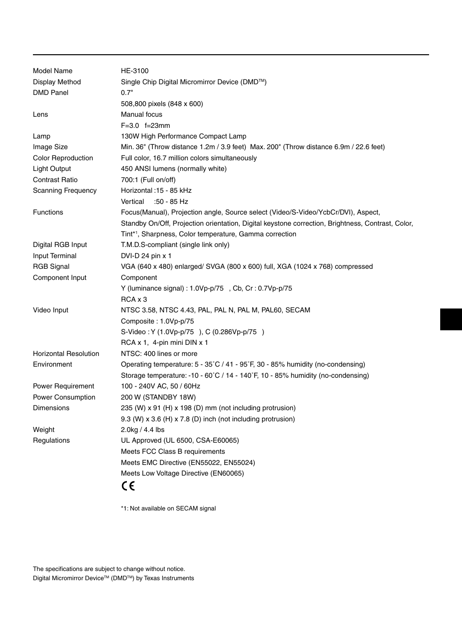 Specifications | PLUS Vision HE-3100 User Manual | Page 43 / 44
