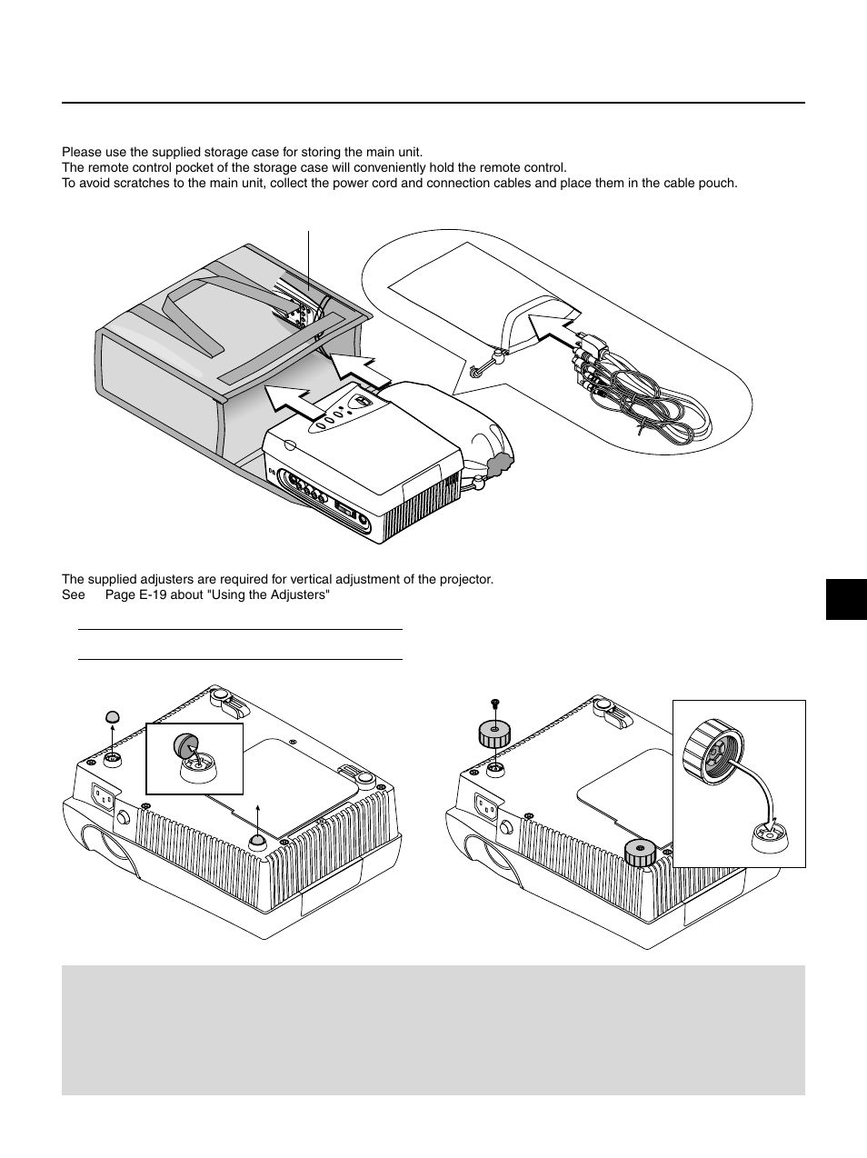 Using the storage case, Attaching the supplied adjusters, E – 9 | Names of the main unit parts, Pow er | PLUS Vision HE-3100 User Manual | Page 9 / 44