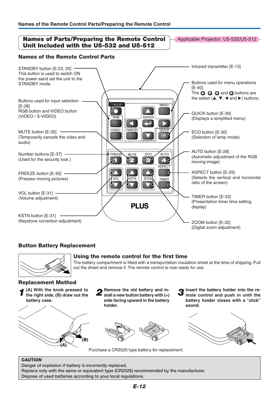E-12, Button battery replacement, Using the remote control for the first time | Replacement method, Names of the remote control parts | PLUS Vision U5-632 User Manual | Page 13 / 72