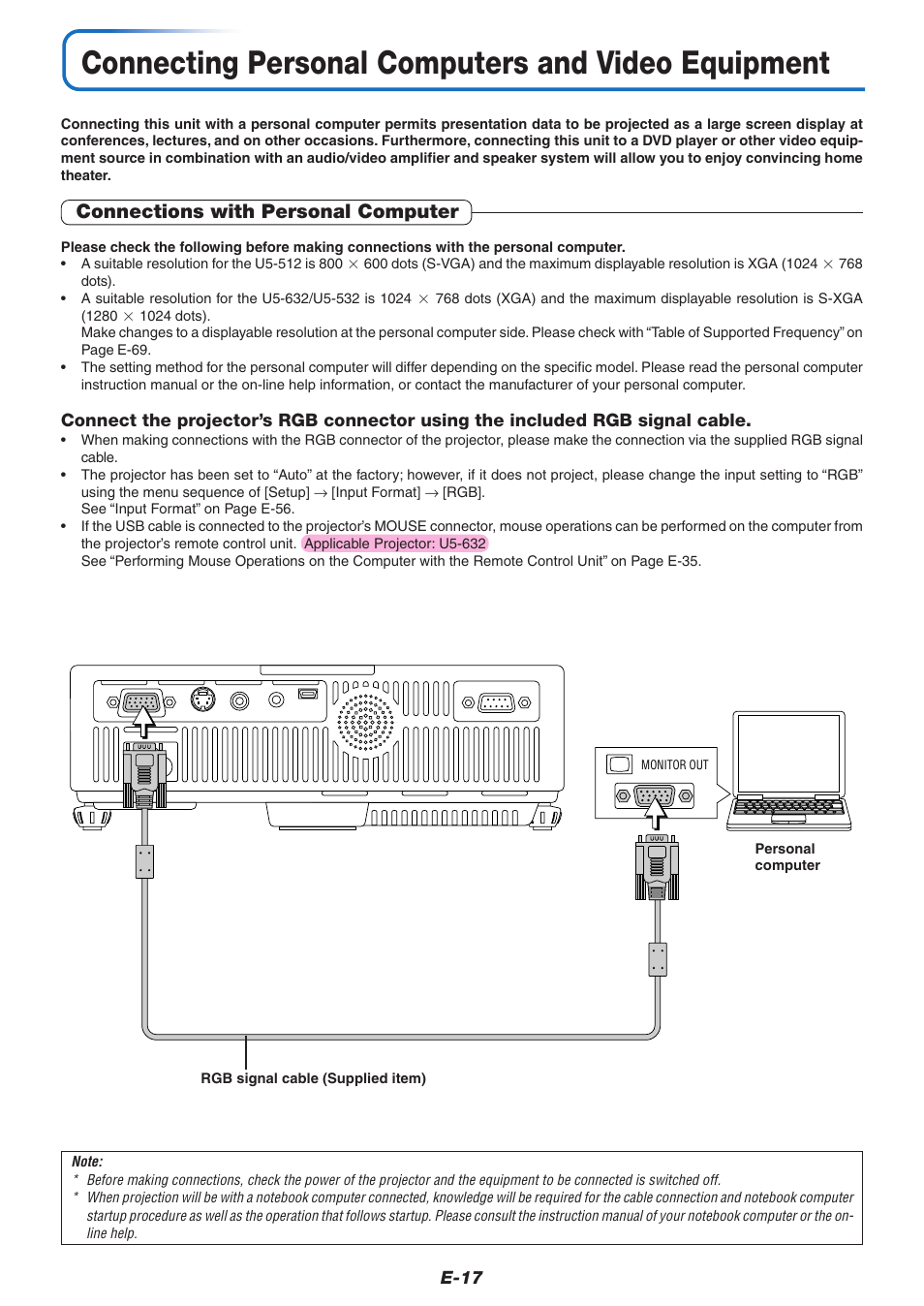 Connecting personal computers and video equipment, Connections with personal computer | PLUS Vision U5-632 User Manual | Page 18 / 72