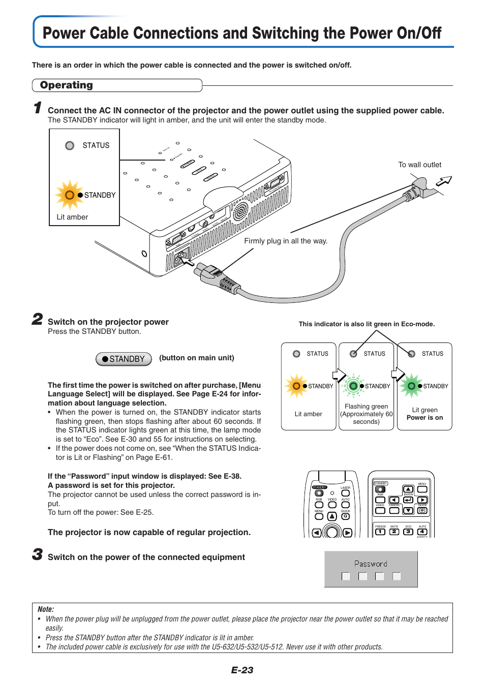 Operating, E-23, Switch on the projector power | The projector is now capable of regular projection, Switch on the power of the connected equipment, Standby, Button on main unit) | PLUS Vision U5-632 User Manual | Page 24 / 72