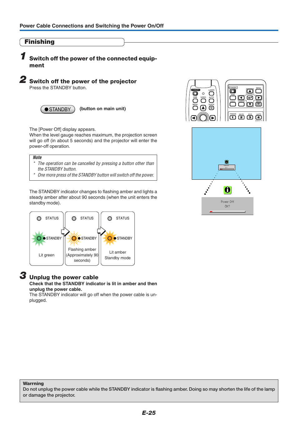 Finishing, E-25, Switch off the power of the connected equip- ment | Switch off the power of the projector, Unplug the power cable, Standby | PLUS Vision U5-632 User Manual | Page 26 / 72