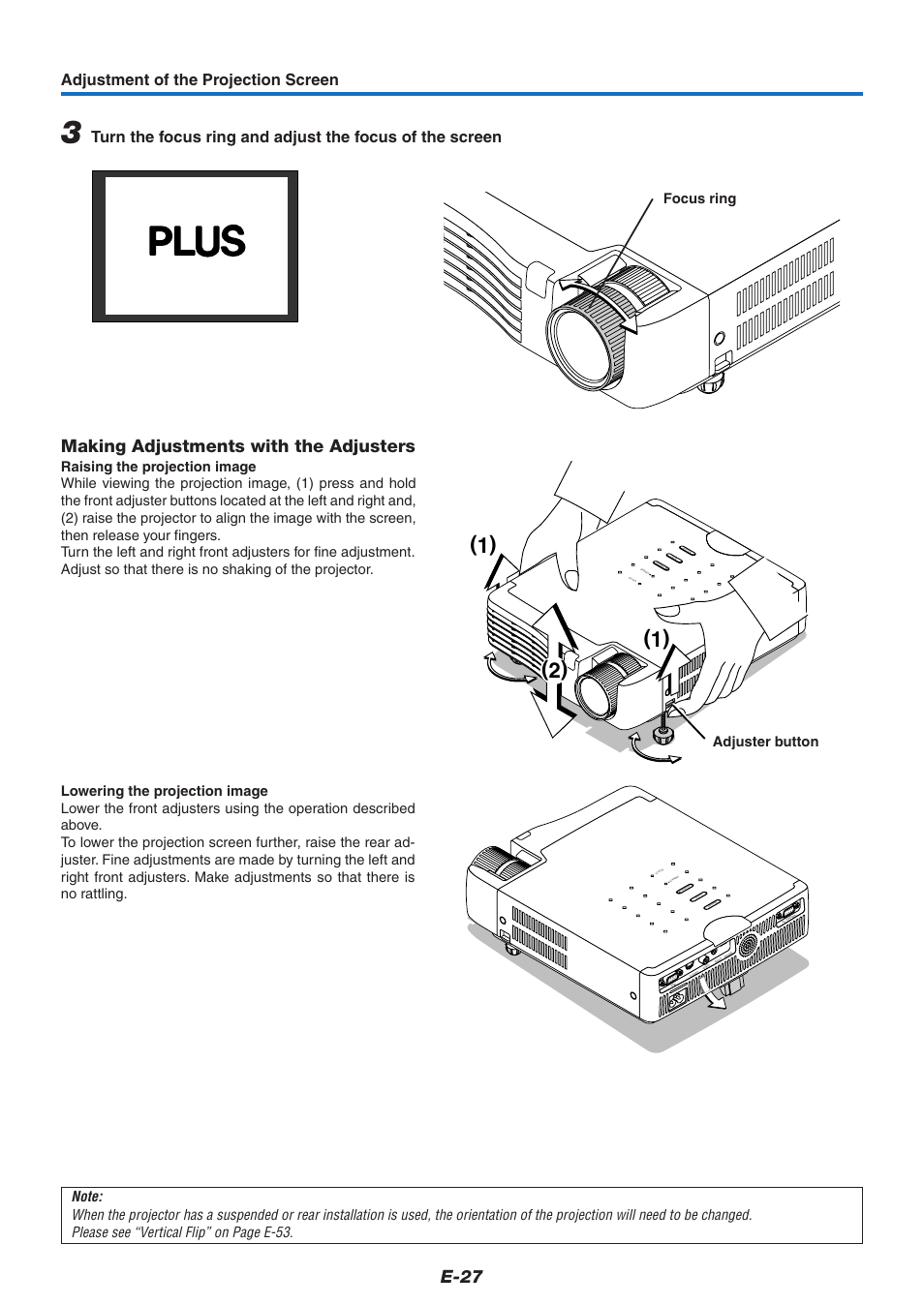 E-27, Making adjustments with the adjusters, Adjustment of the projection screen | Focus ring, Adjuster button | PLUS Vision U5-632 User Manual | Page 28 / 72