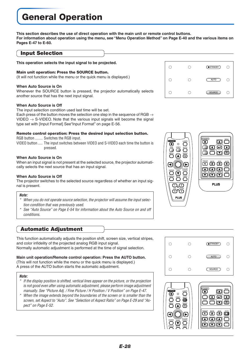 General operation, Input selection, Automatic adjustment | E-28 | PLUS Vision U5-632 User Manual | Page 29 / 72