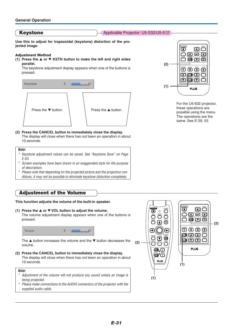 Keystone, Adjustment of the volume, E-31 | Press the ̄ button. press the ̆ button | PLUS Vision U5-632 User Manual | Page 32 / 72