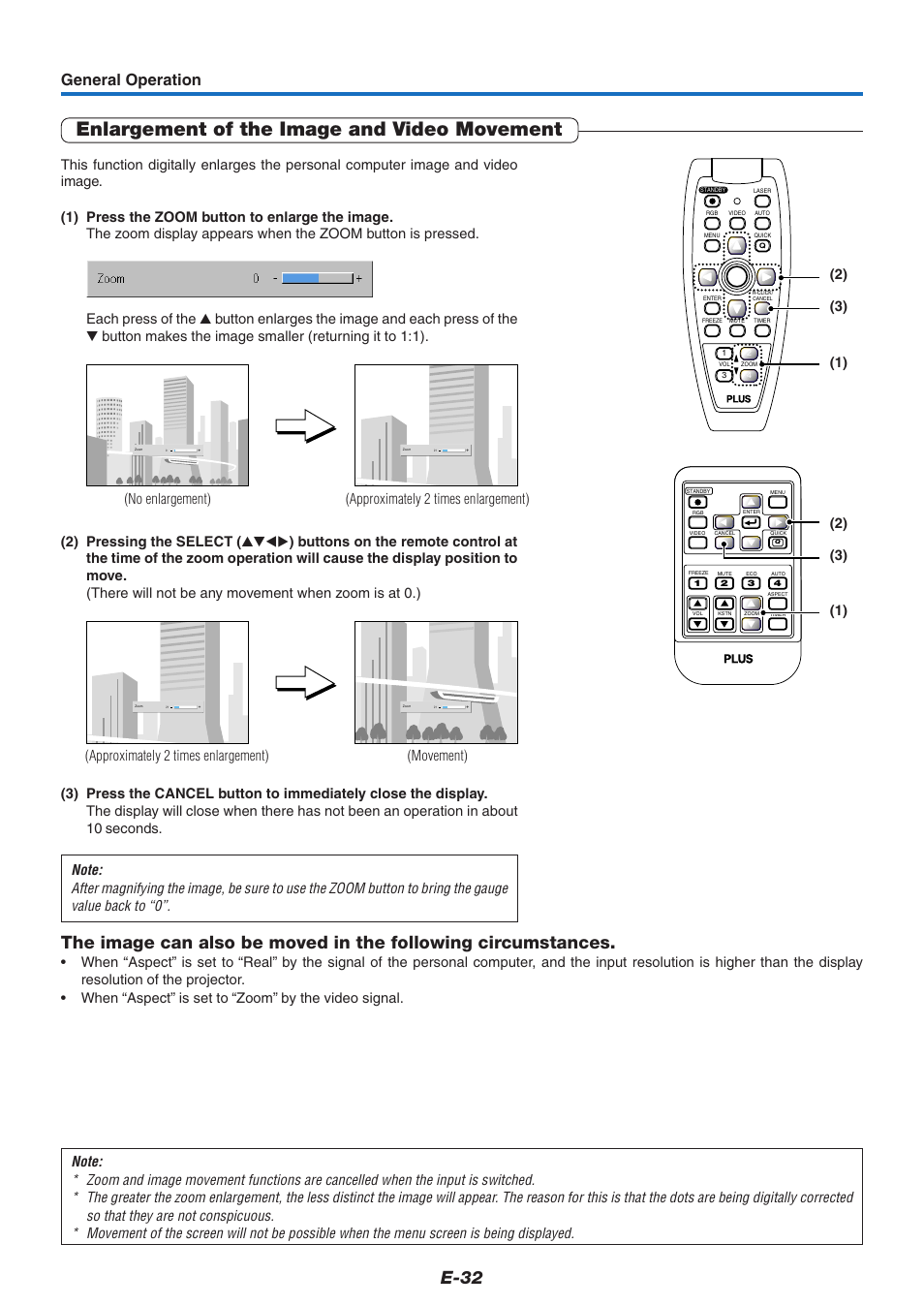 Enlargement of the image and video movement, E-32, General operation | Approximately 2 times enlargement) (movement) | PLUS Vision U5-632 User Manual | Page 33 / 72
