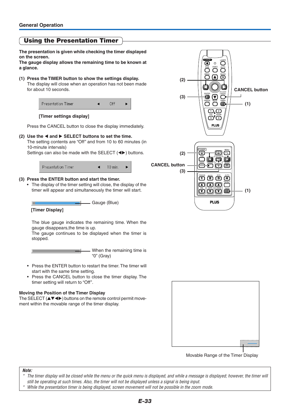 Using the presentation timer, E-33, General operation | PLUS Vision U5-632 User Manual | Page 34 / 72