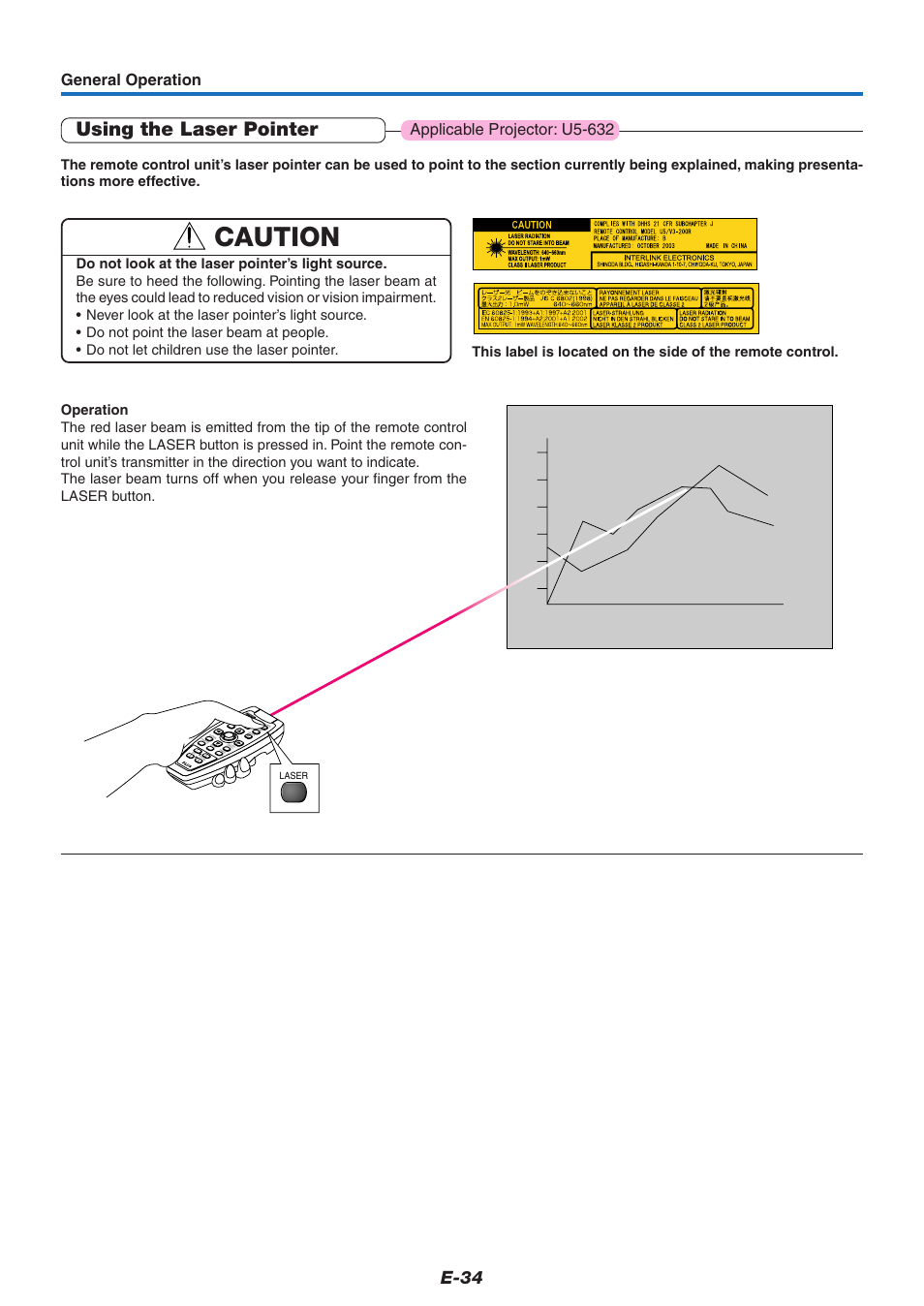 Using the laser pointer, Caution, E-34 | General operation, Applicable projector: u5-632, Laser | PLUS Vision U5-632 User Manual | Page 35 / 72