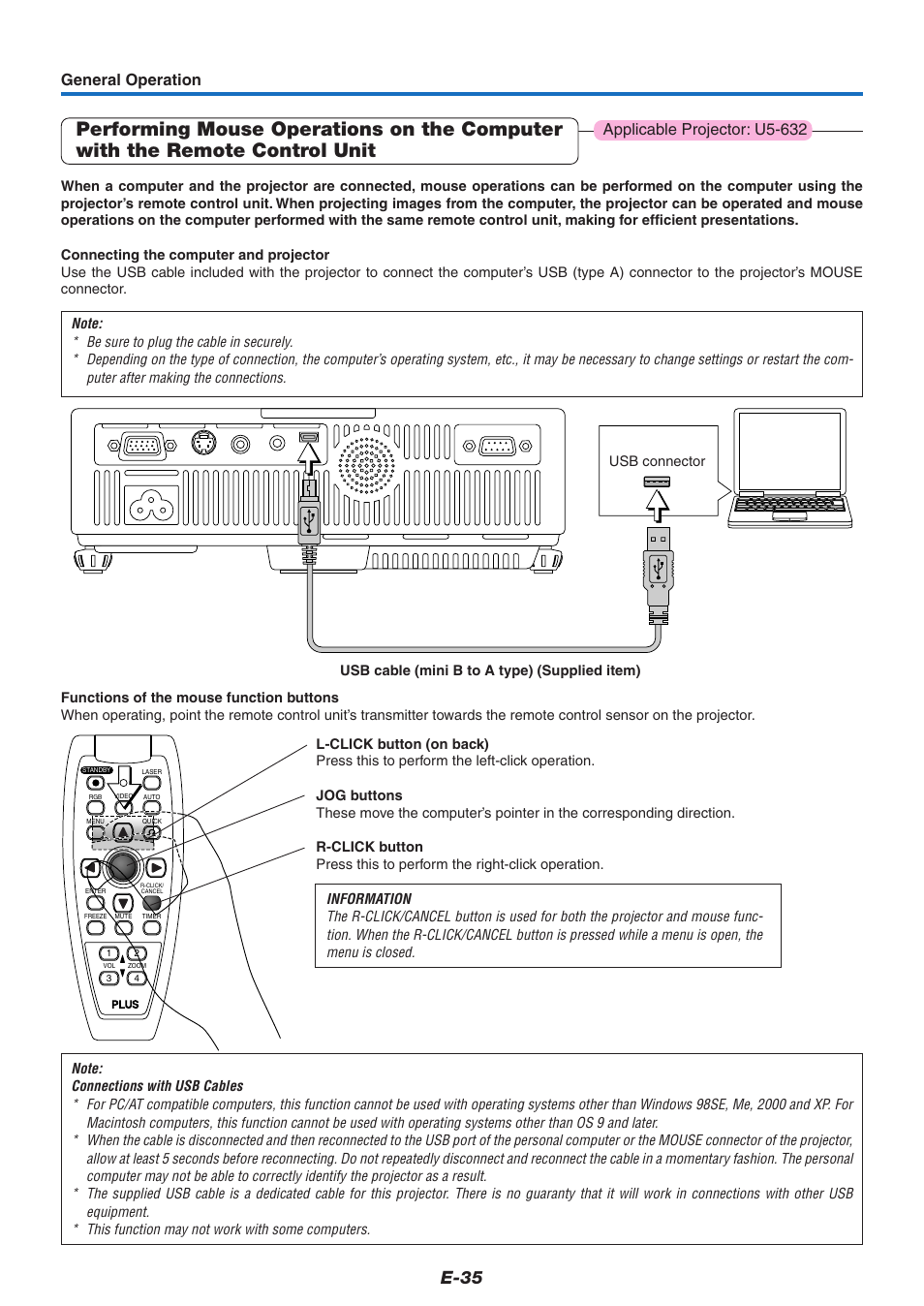 E-35, General operation, Applicable projector: u5-632 | PLUS Vision U5-632 User Manual | Page 36 / 72