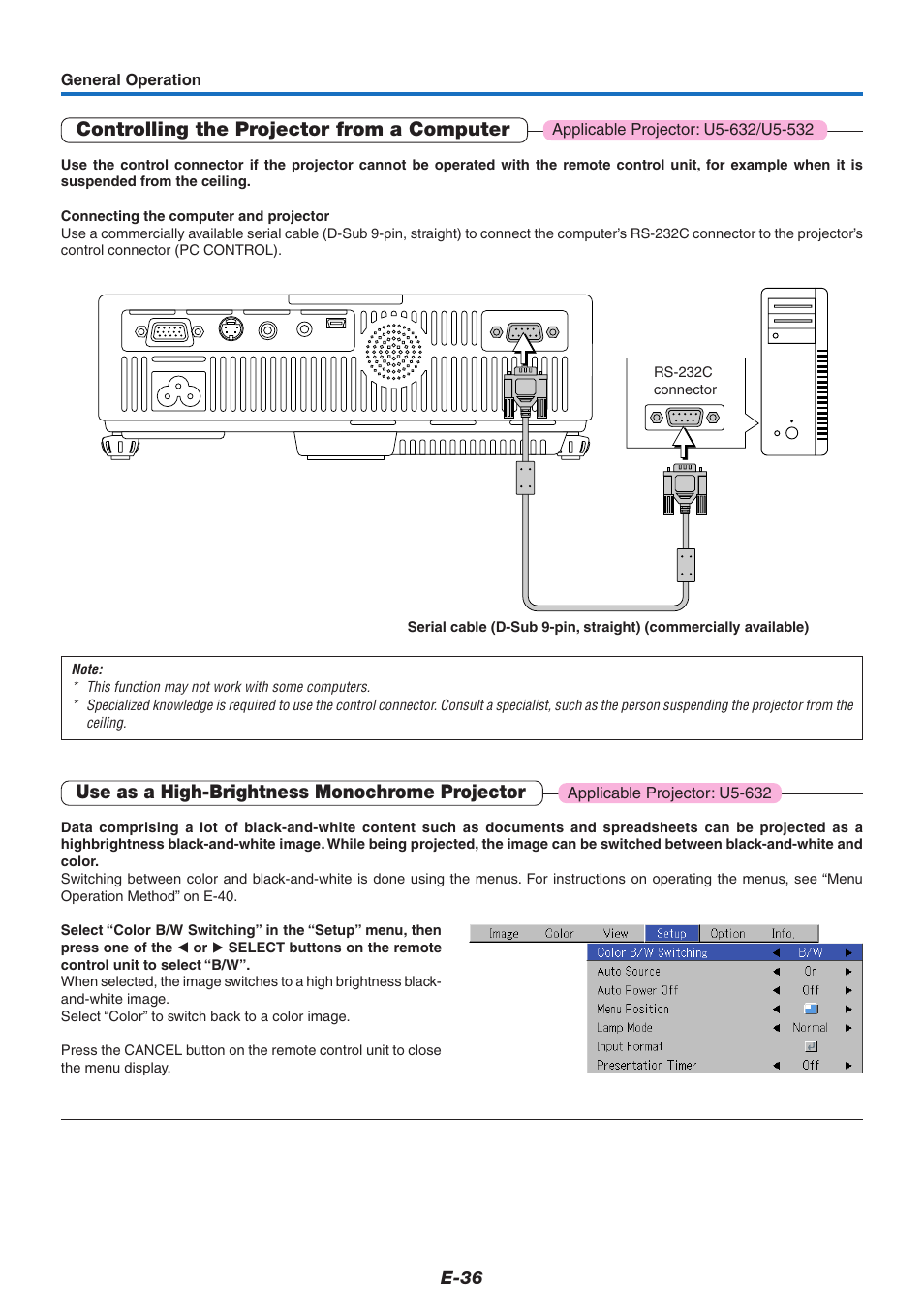 Controlling the projector from a computer, Use as a high-brightness monochrome projector | PLUS Vision U5-632 User Manual | Page 37 / 72
