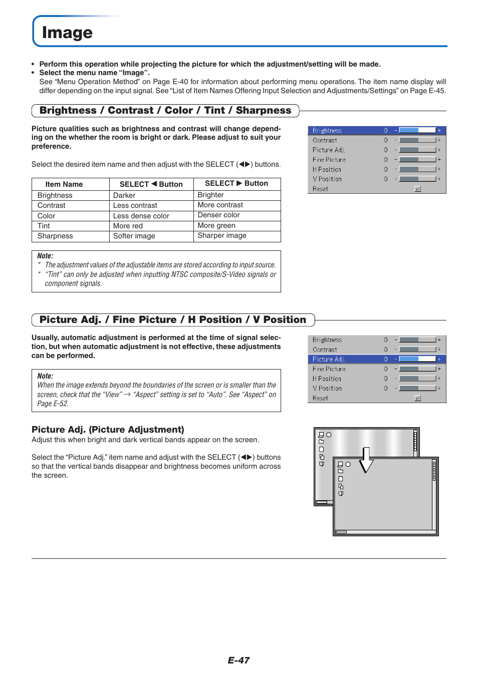 Image, Brightness / contrast / color / tint / sharpness | PLUS Vision U5-632 User Manual | Page 48 / 72