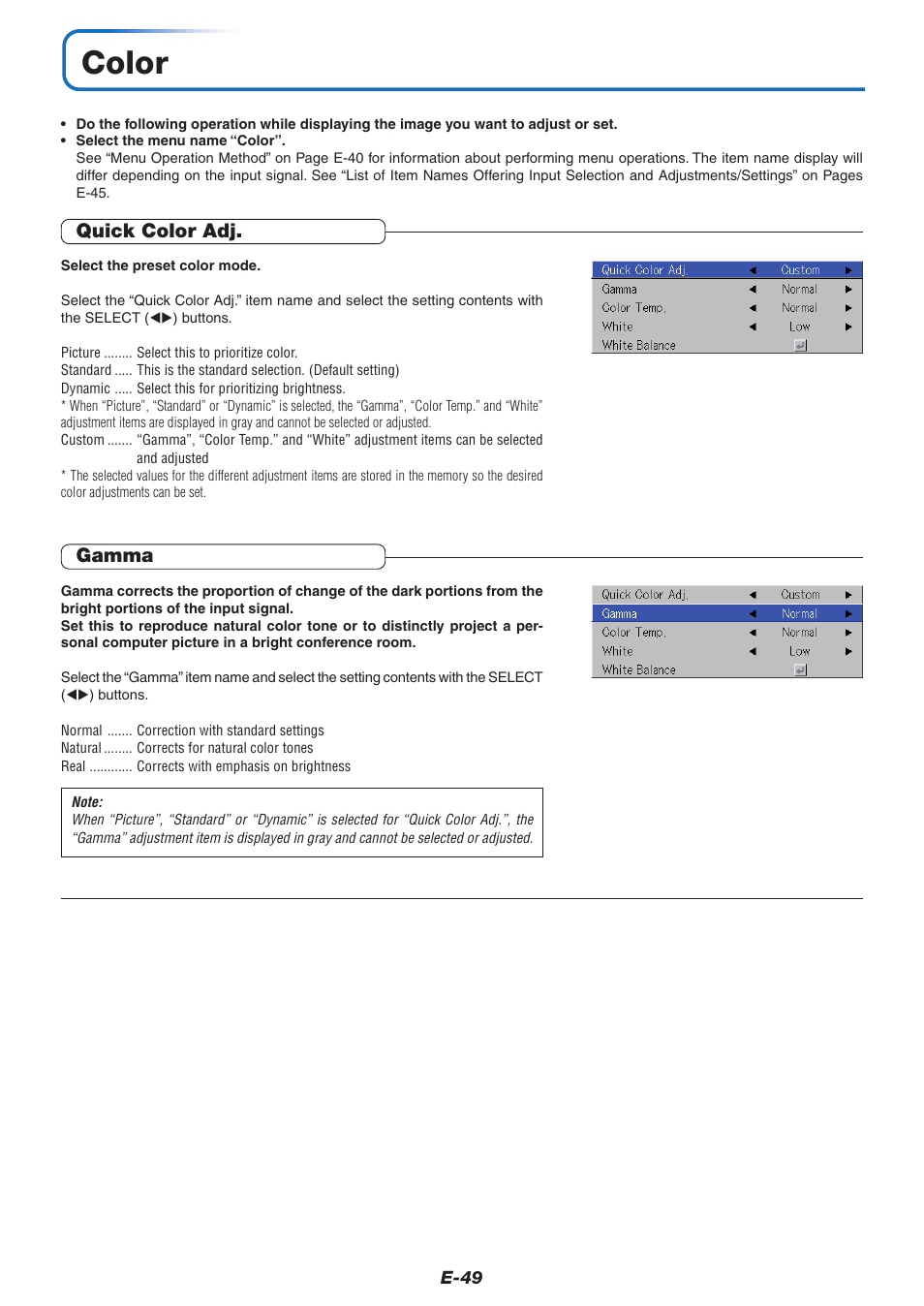 Color, Quick color adj, Gamma | PLUS Vision U5-632 User Manual | Page 50 / 72