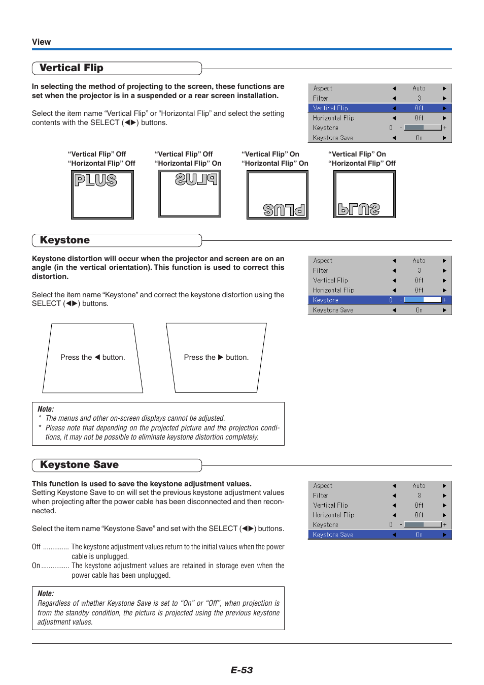 Vertical flip, Keystone, Keystone save | PLUS Vision U5-632 User Manual | Page 54 / 72
