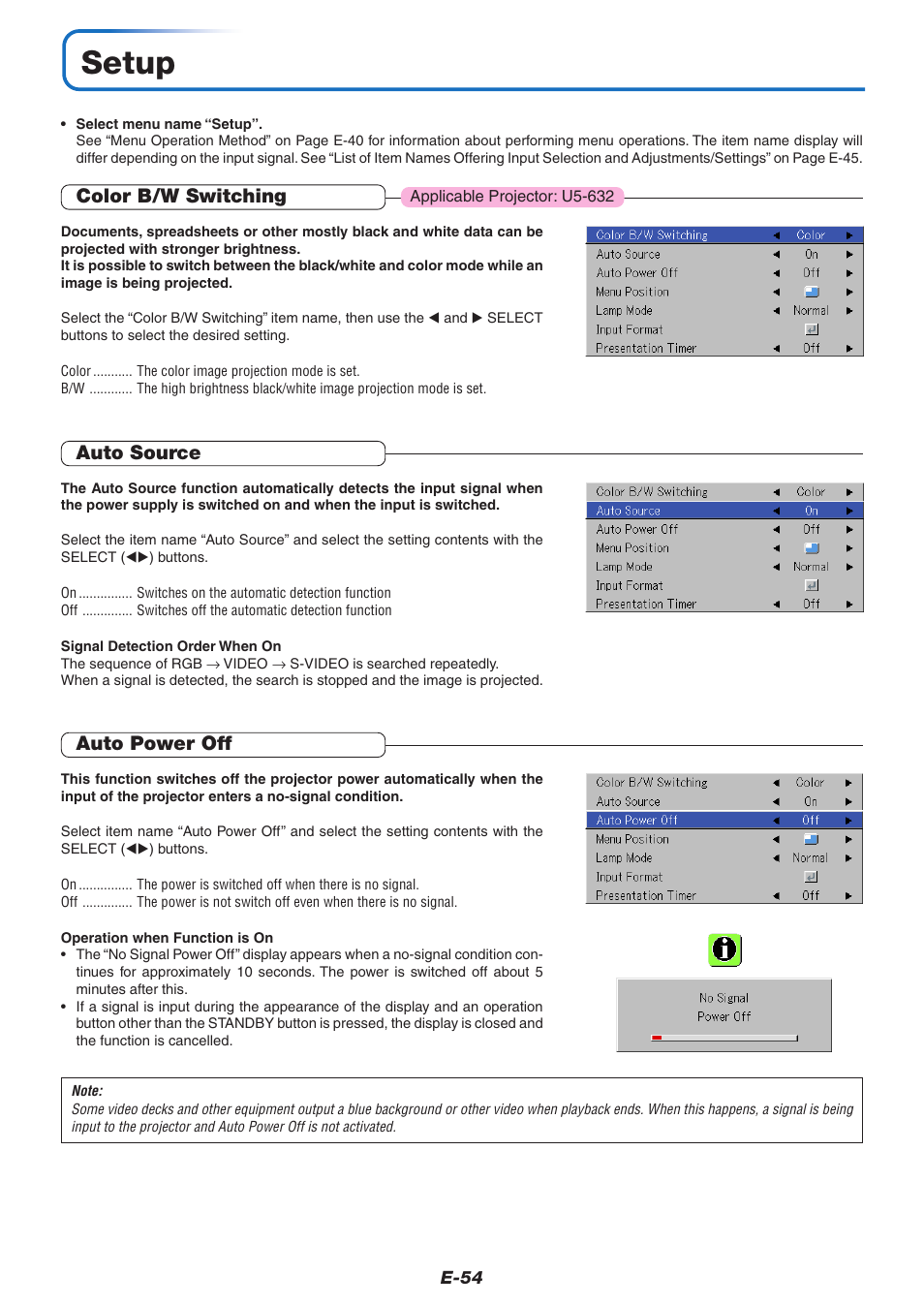 Setup, Color b/w switching, Auto source | Auto power off | PLUS Vision U5-632 User Manual | Page 55 / 72