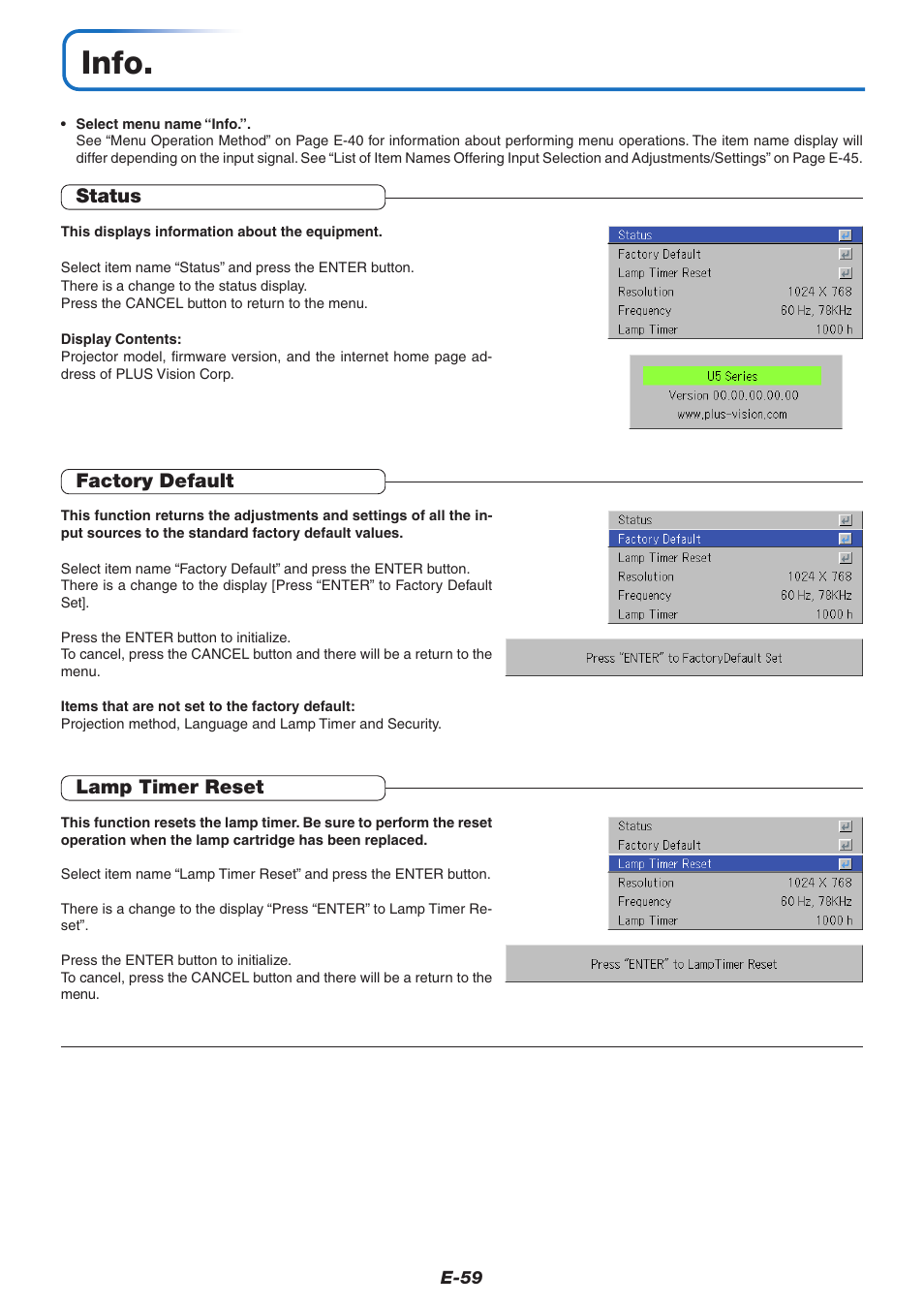 Info, Status, Factory default | Lamp timer reset | PLUS Vision U5-632 User Manual | Page 60 / 72