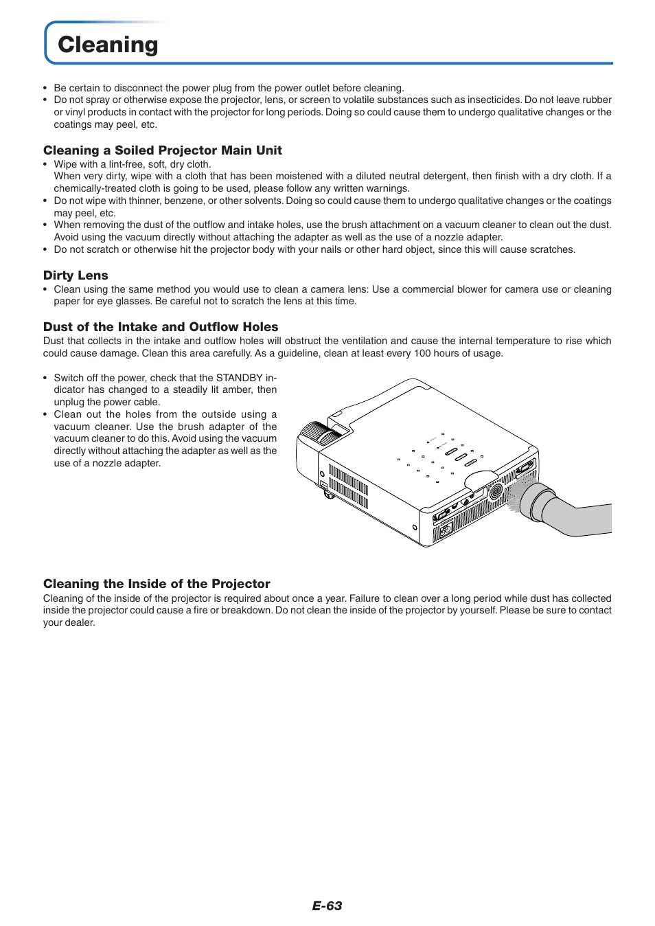 Cleaning, E-63, Cleaning a soiled projector main unit | Dirty lens, Dust of the intake and outflow holes, Cleaning the inside of the projector | PLUS Vision U5-632 User Manual | Page 64 / 72