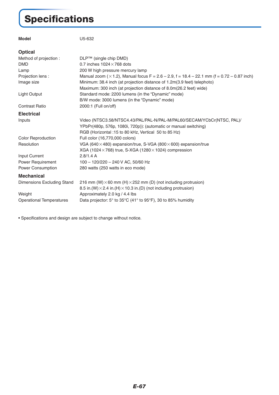 Specifications | PLUS Vision U5-632 User Manual | Page 68 / 72