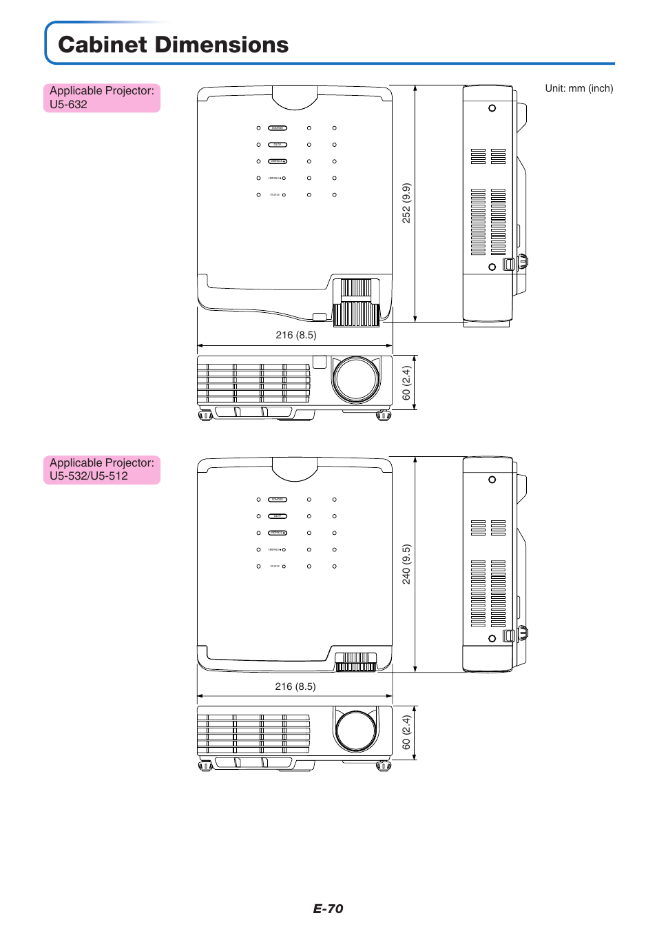 Cabinet dimensions, E-70 | PLUS Vision U5-632 User Manual | Page 71 / 72