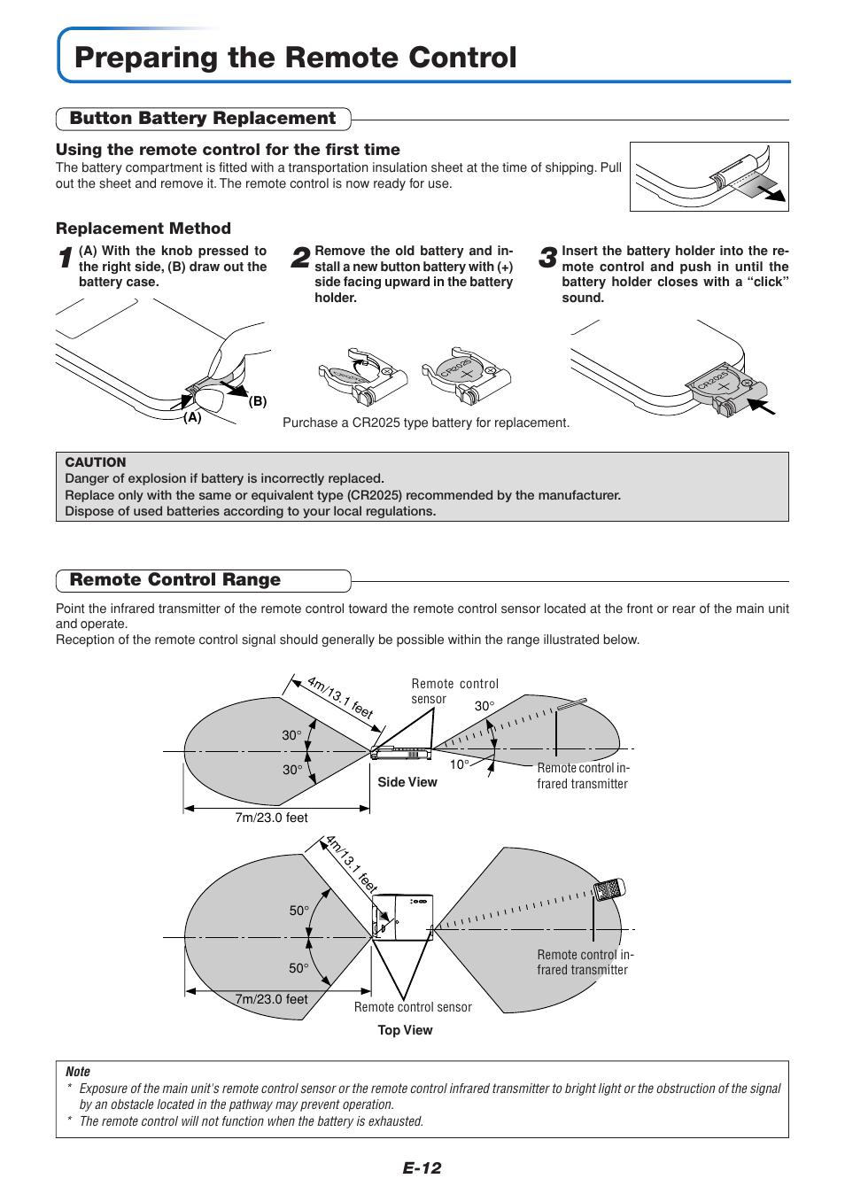 Preparing the remote control, Button battery replacement, Remote control range | PLUS Vision V3-131 User Manual | Page 12 / 67