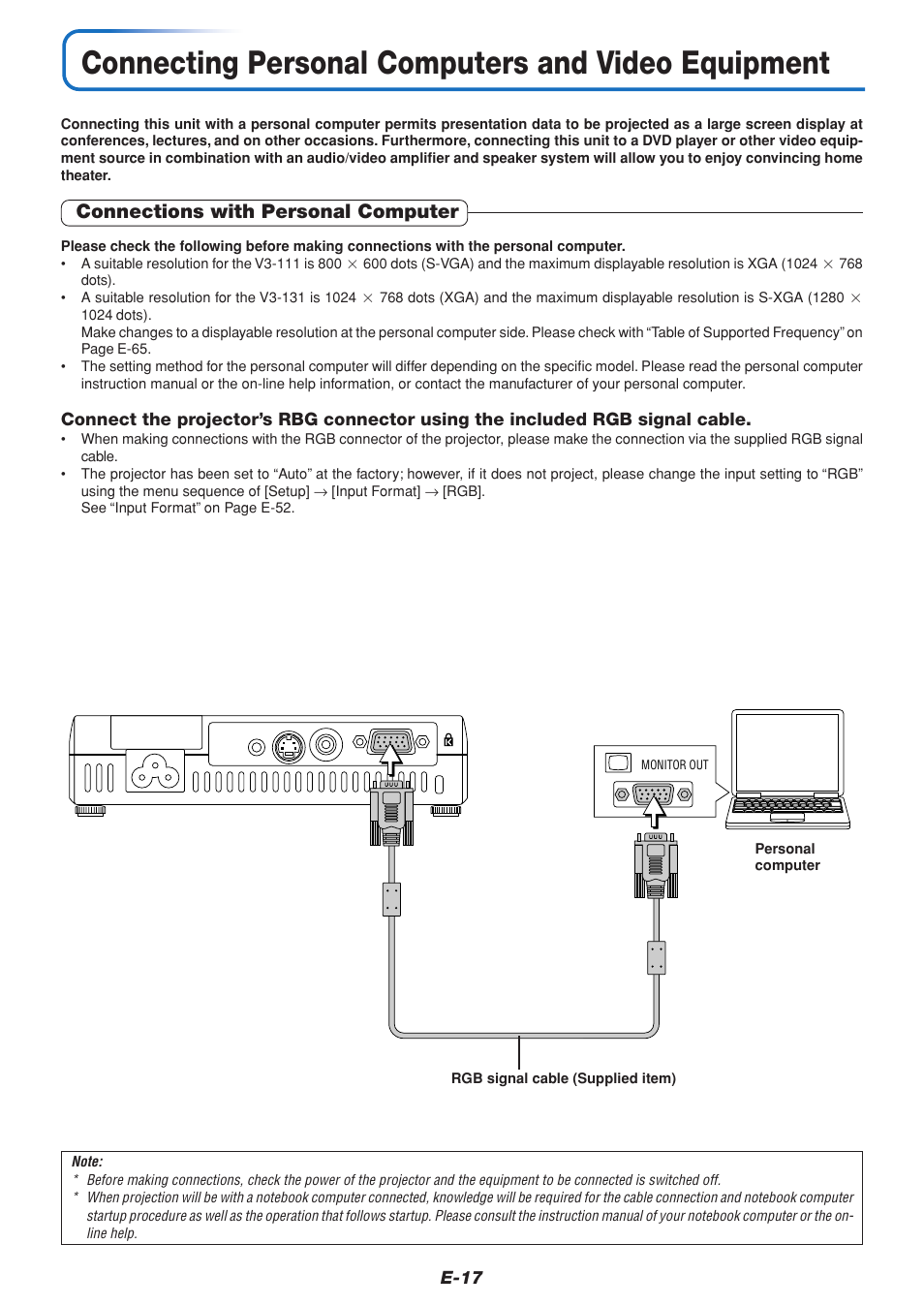 Connecting personal computers and video equipment, Connections with personal computer | PLUS Vision V3-131 User Manual | Page 17 / 67