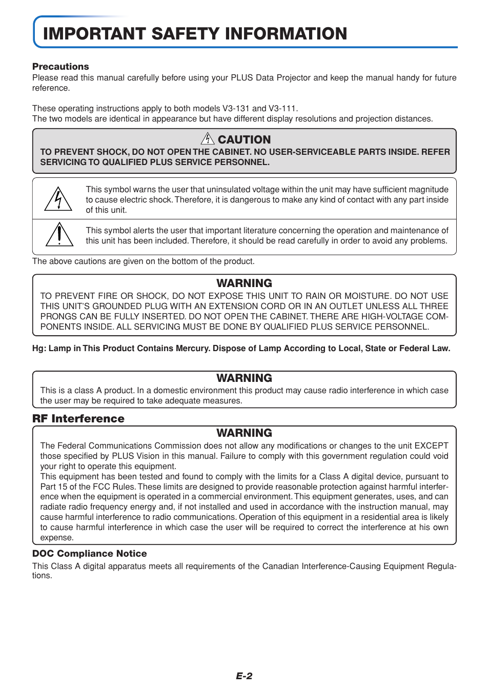 Important safety information | PLUS Vision V3-131 User Manual | Page 2 / 67