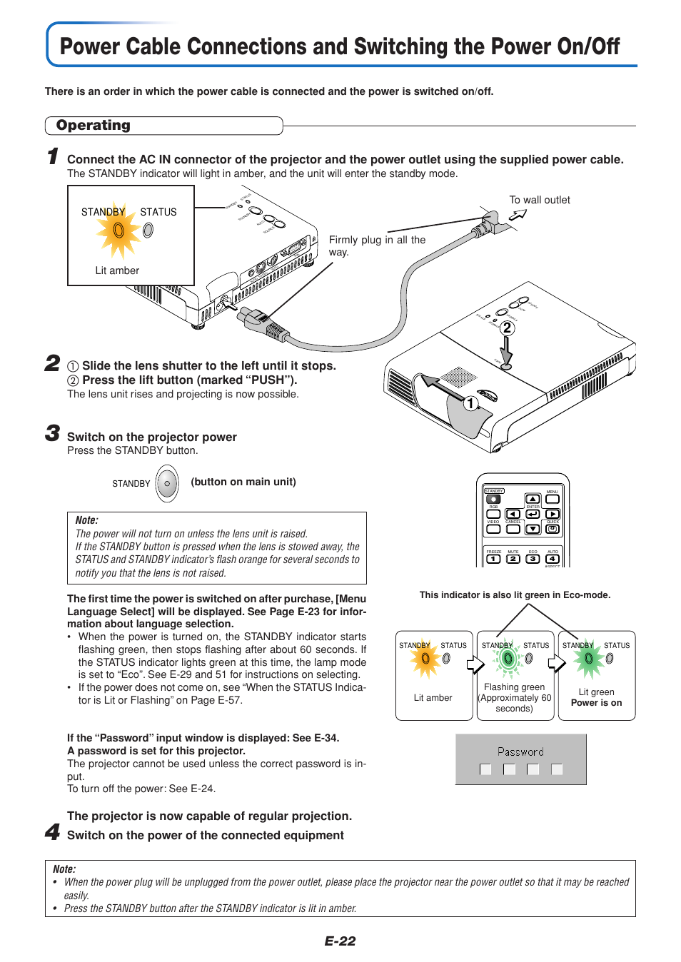 Operating, E-22, Switch on the projector power | Switch on the power of the connected equipment, The projector is now capable of regular projection, Firmly plug in all the way. to wall outlet, Press the standby button, Button on main unit), The lens unit rises and projecting is now possible | PLUS Vision V3-131 User Manual | Page 22 / 67