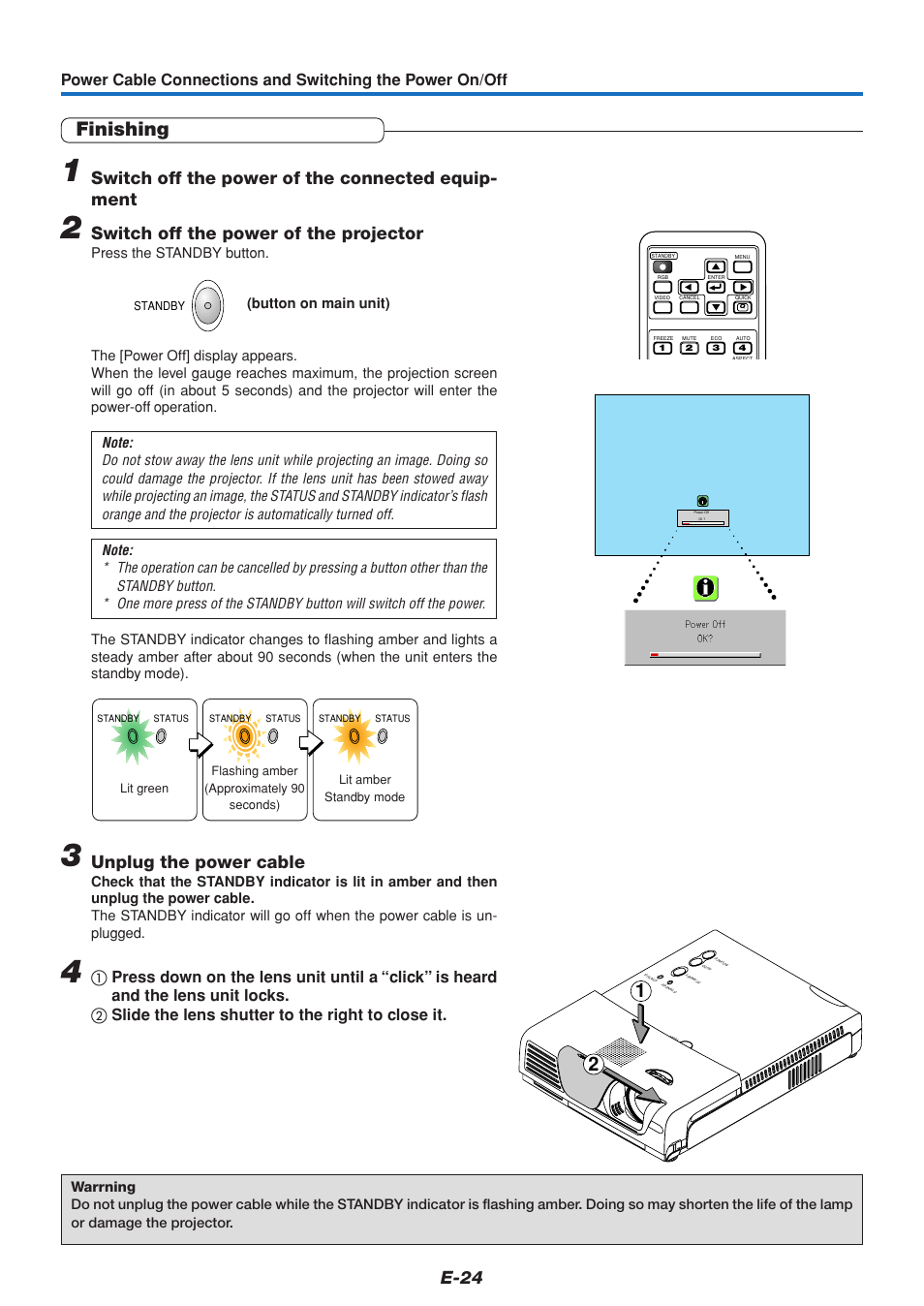 Finishing, E-24, Switch off the power of the connected equip- ment | Switch off the power of the projector, Unplug the power cable | PLUS Vision V3-131 User Manual | Page 24 / 67