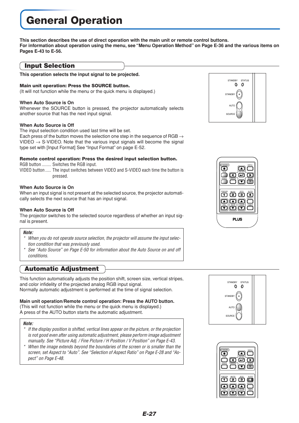 General operation, Input selection, Automatic adjustment | E-27 | PLUS Vision V3-131 User Manual | Page 27 / 67