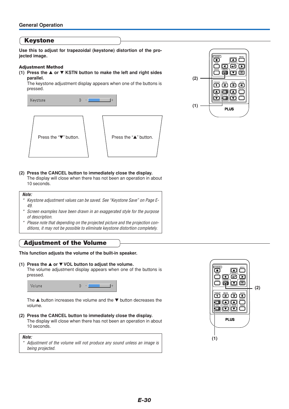 Keystone, Adjustment of the volume, E-30 | General operation | PLUS Vision V3-131 User Manual | Page 30 / 67