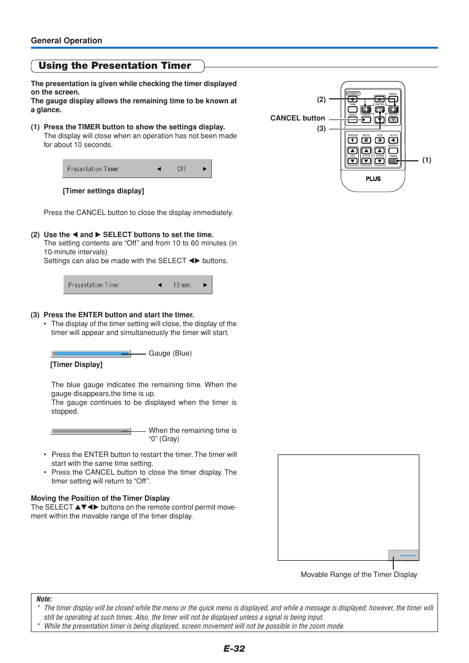 Using the presentation timer, E-32, General operation | PLUS Vision V3-131 User Manual | Page 32 / 67