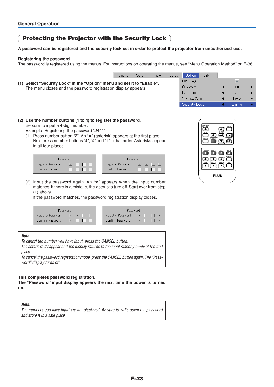 Protecting the projector with the security lock, E-33, General operation | PLUS Vision V3-131 User Manual | Page 33 / 67