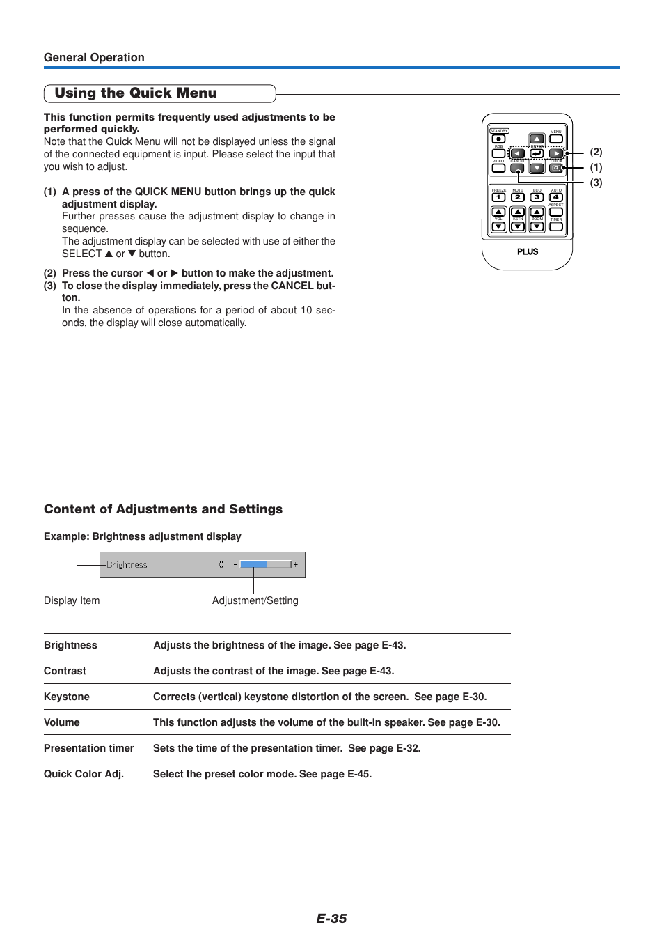 Using the quick menu, E-35, Content of adjustments and settings | General operation | PLUS Vision V3-131 User Manual | Page 35 / 67