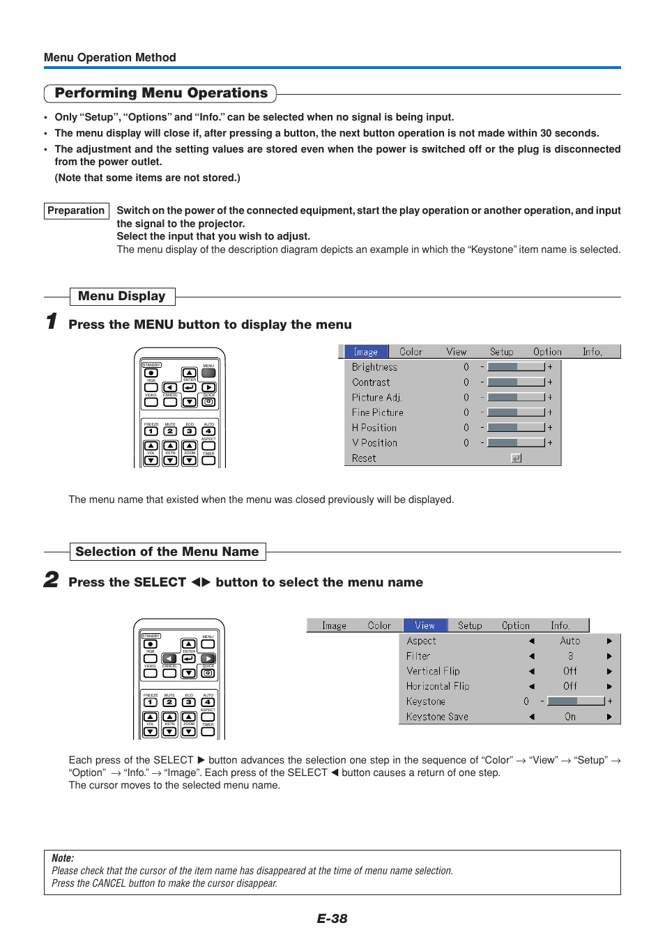 Performing menu operations, E-38, Menu operation method | PLUS Vision V3-131 User Manual | Page 38 / 67