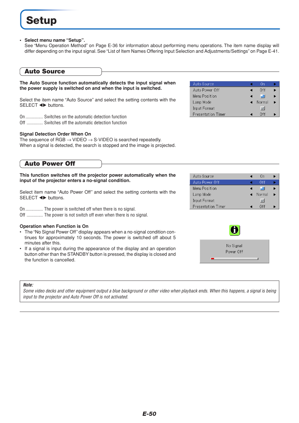 Setup, Auto source, Auto power off | PLUS Vision V3-131 User Manual | Page 50 / 67