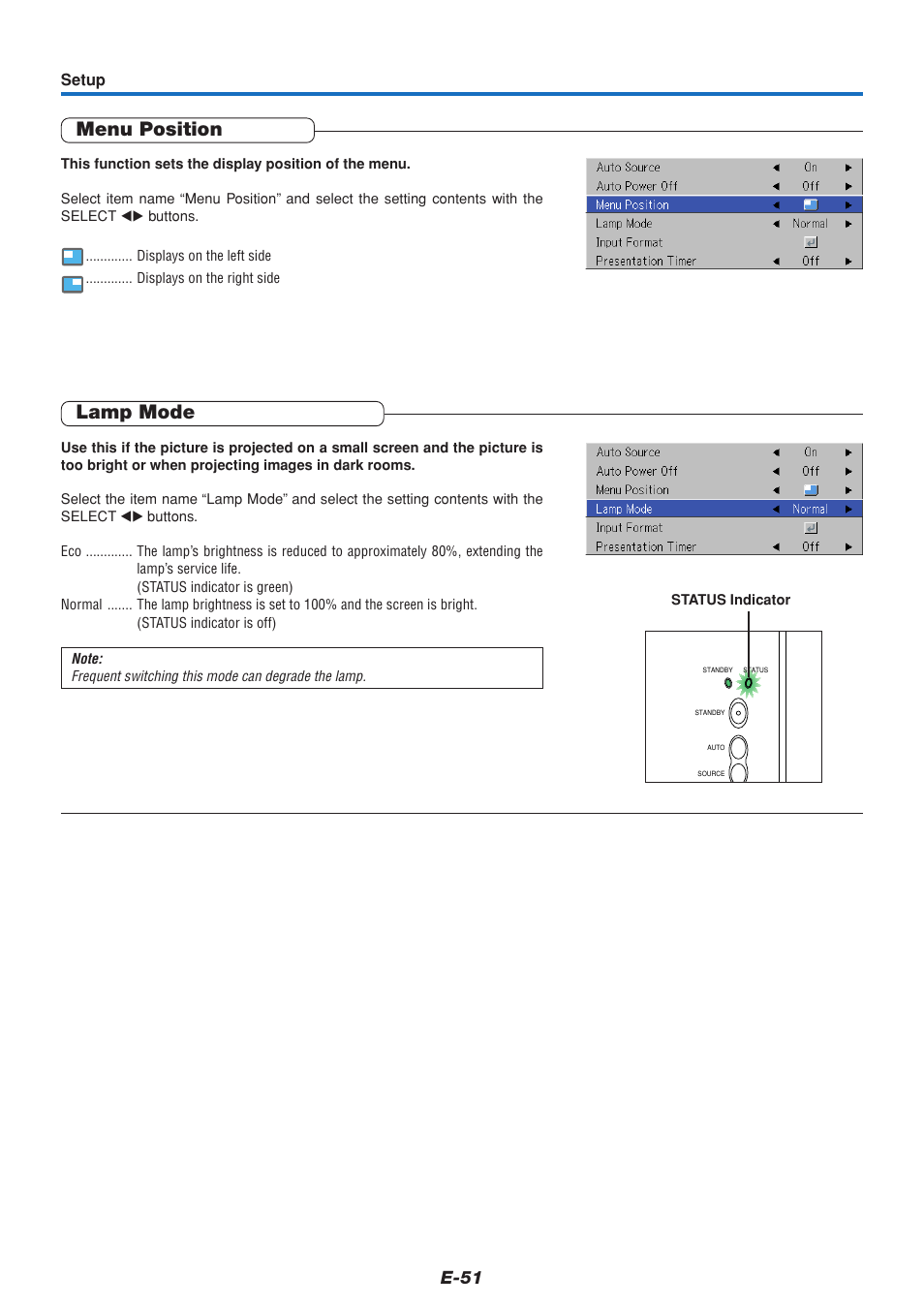 Menu position, Lamp mode, E-51 | PLUS Vision V3-131 User Manual | Page 51 / 67