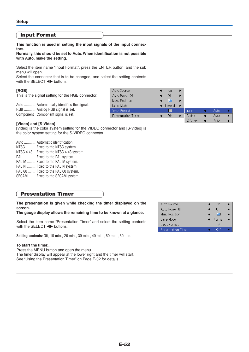 Input format, Presentation timer | PLUS Vision V3-131 User Manual | Page 52 / 67