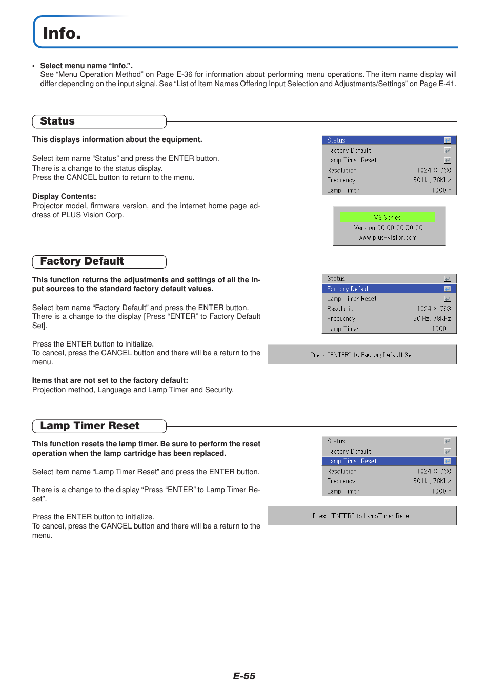 Info, Status, Factory default | Lamp timer reset | PLUS Vision V3-131 User Manual | Page 55 / 67