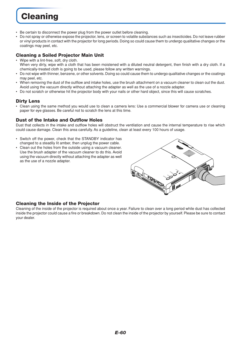 Cleaning, E-60, Cleaning a soiled projector main unit | Dirty lens, Dust of the intake and outflow holes, Cleaning the inside of the projector | PLUS Vision V3-131 User Manual | Page 60 / 67
