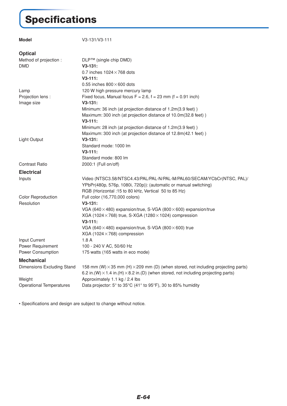 Specifications, E-64 | PLUS Vision V3-131 User Manual | Page 64 / 67