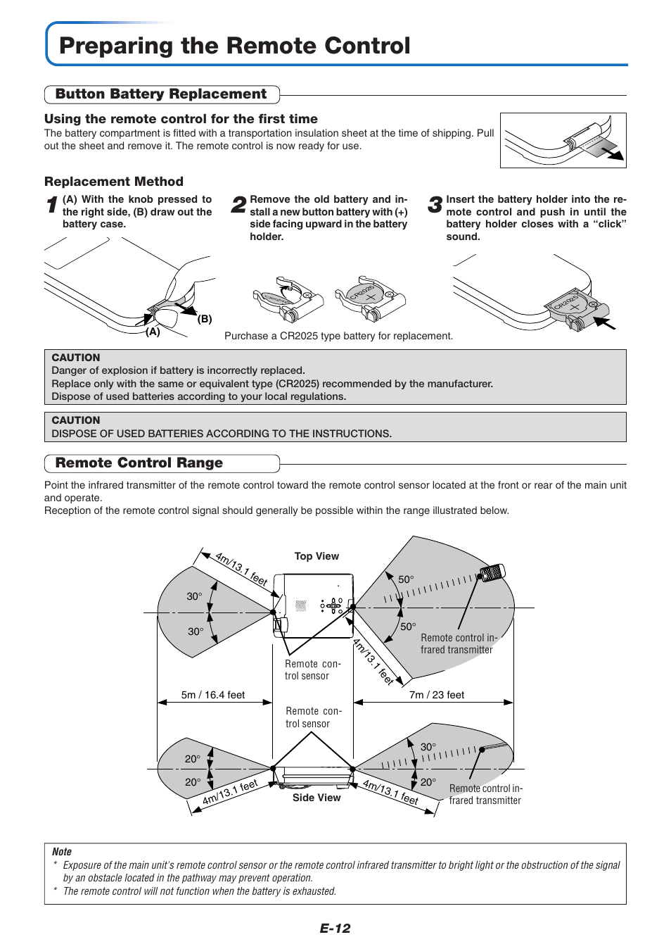 Preparing the remote control, Button battery replacement, Remote control range | PLUS Vision U4-237 User Manual | Page 12 / 64