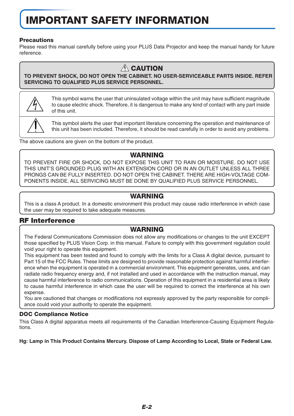 Important safety information | PLUS Vision U4-237 User Manual | Page 2 / 64