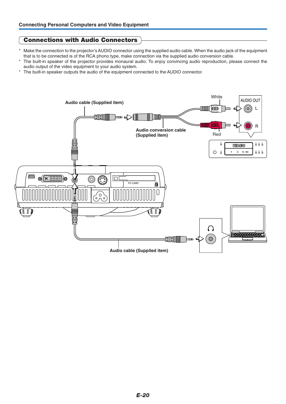 Connections with audio connectors, E-20 | PLUS Vision U4-237 User Manual | Page 20 / 64
