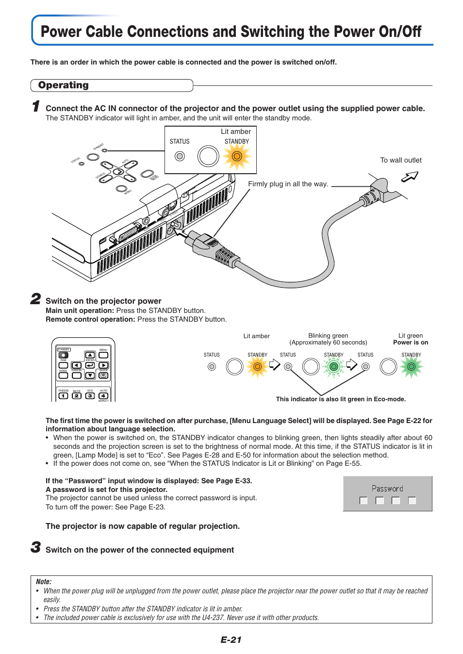 Operating, E-21, Switch on the projector power | The projector is now capable of regular projection, Switch on the power of the connected equipment | PLUS Vision U4-237 User Manual | Page 21 / 64