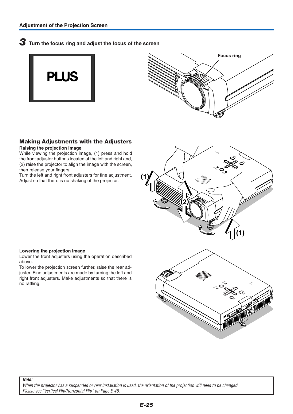 E-25, Making adjustments with the adjusters, Adjustment of the projection screen | Focus ring | PLUS Vision U4-237 User Manual | Page 25 / 64