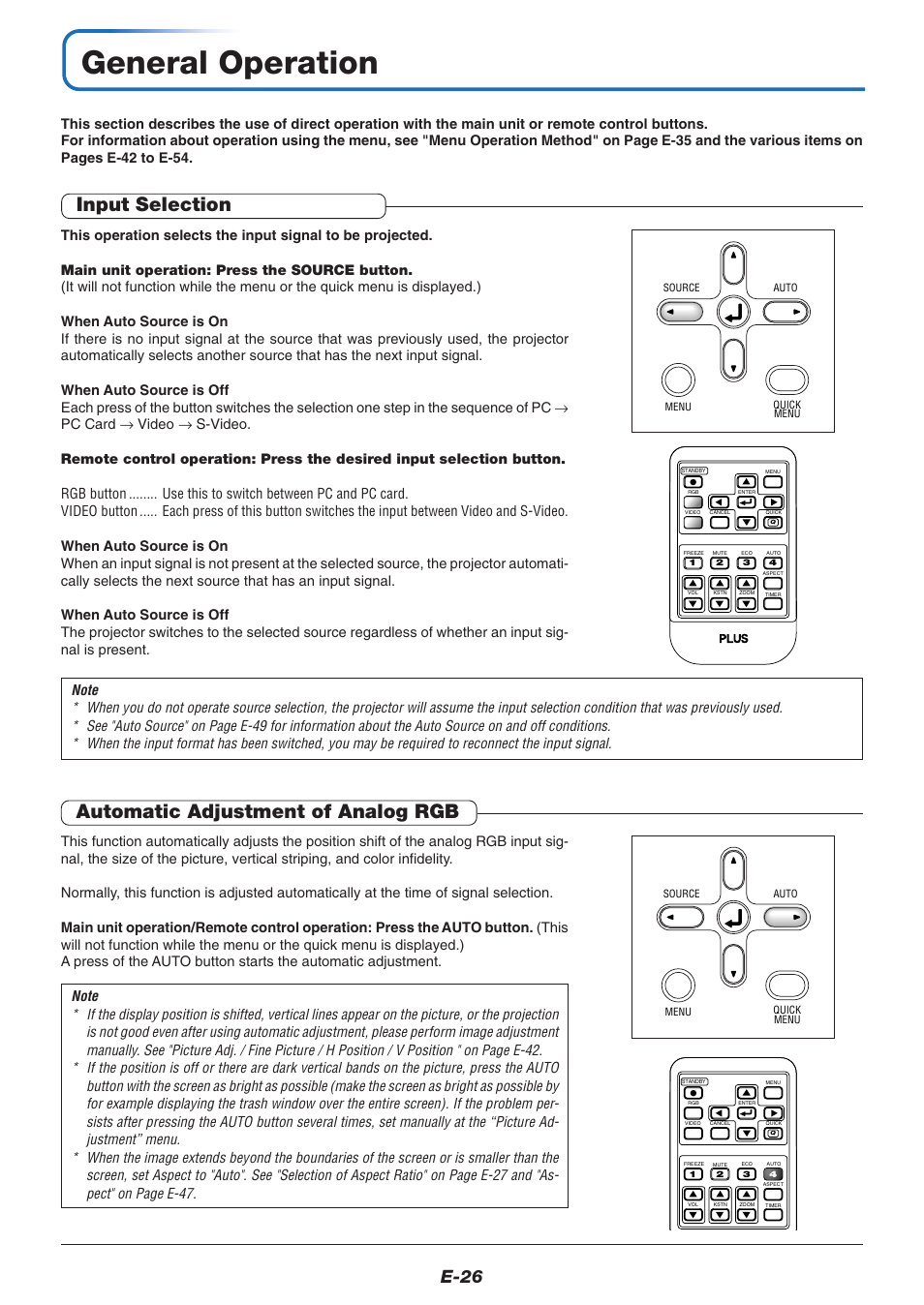 General operation, Input selection, Automatic adjustment of analog rgb | E-26 | PLUS Vision U4-237 User Manual | Page 26 / 64